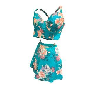 TORRID Teal Green Pink Floral Bikini Longline Top & Skirt Sz 1 (14-16) Swimsuit